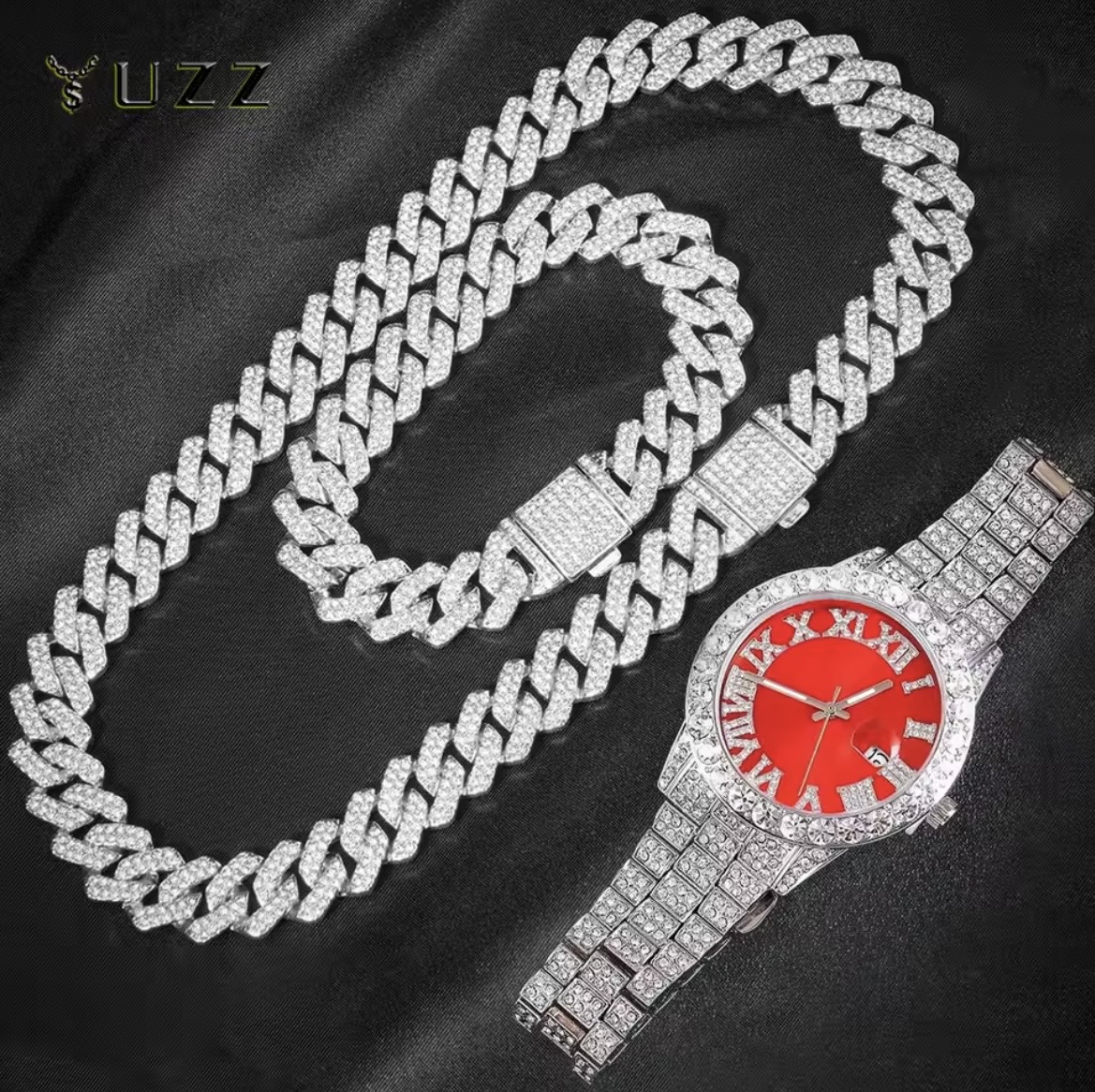 Iced Cuban Chain & Diamond Watch Set (Luxury Hip-Hop Jewelry Set)